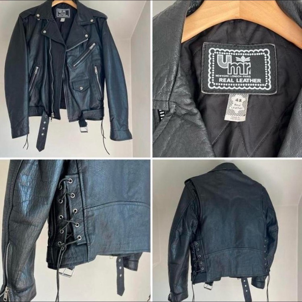 Vintage black leather biker bomber jacket.